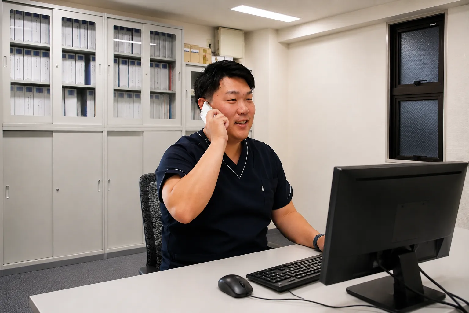 電話でケアマネジャーと連絡を取る院長