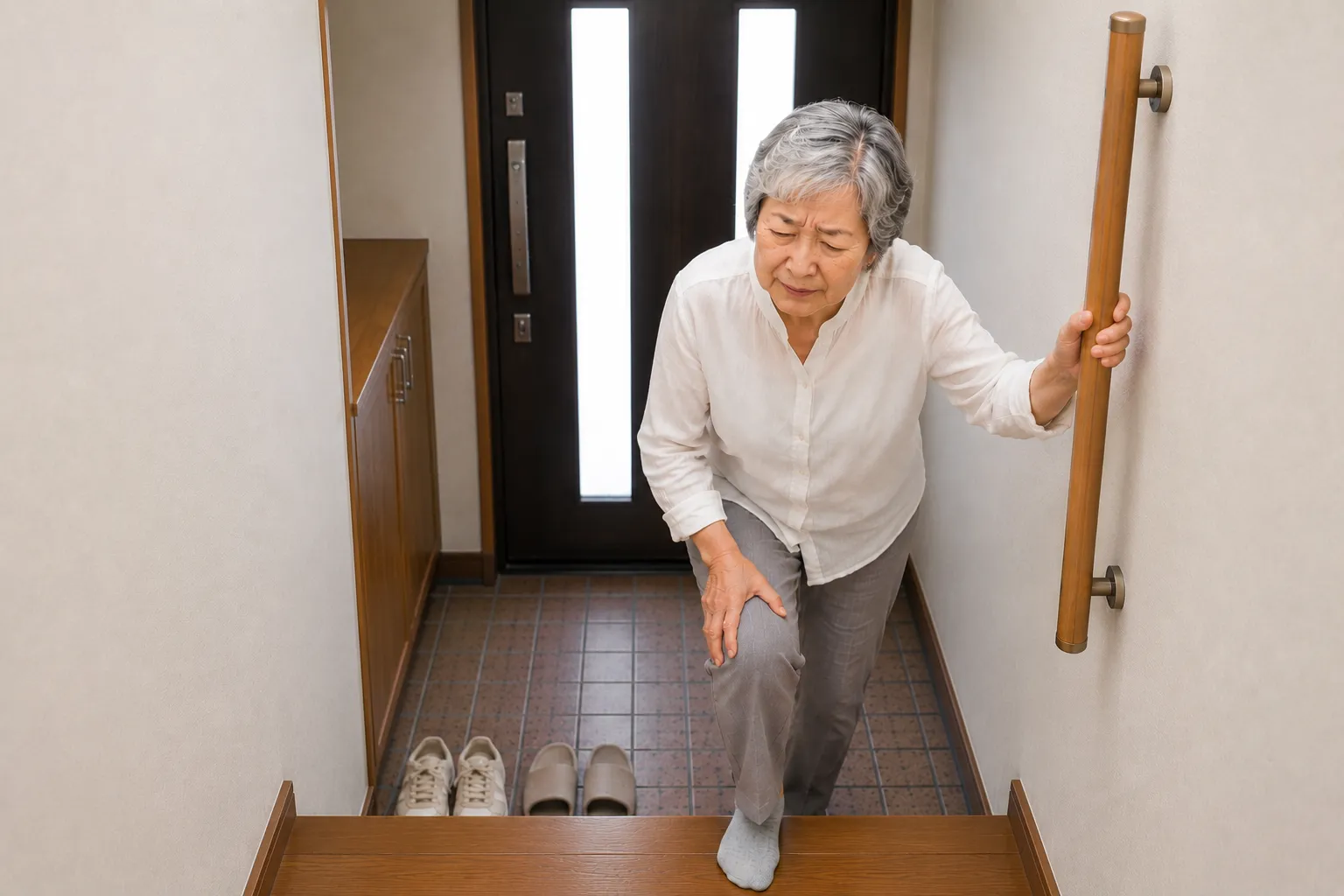 玄関の上がり框で膝に手を当て、手すりにつかまりながら立ち上がろうとするご高齢の女性